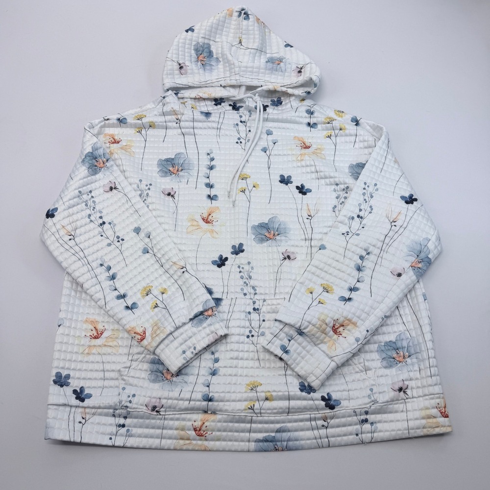 White Floral Waffle Knit Hoodie Kangaroo Pocket 3XL Blue Yellow Flower Print